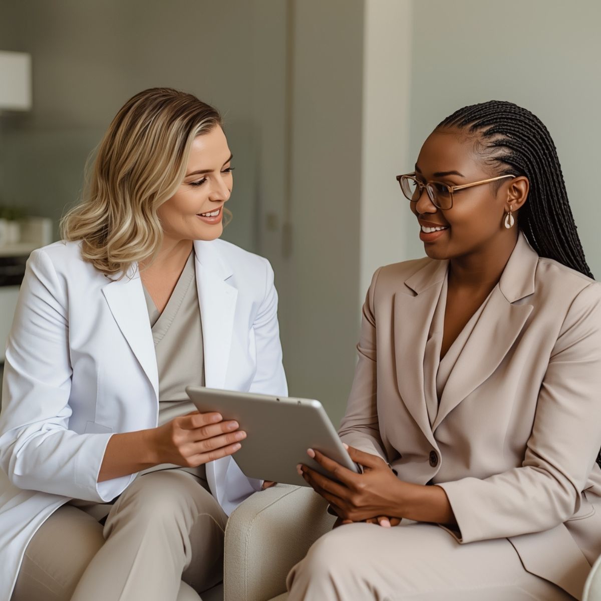 White aesthetic practitioner consulting with a professional African woman during a skin assessment at Refined Aesthetics clinic in Springs, Gauteng.
