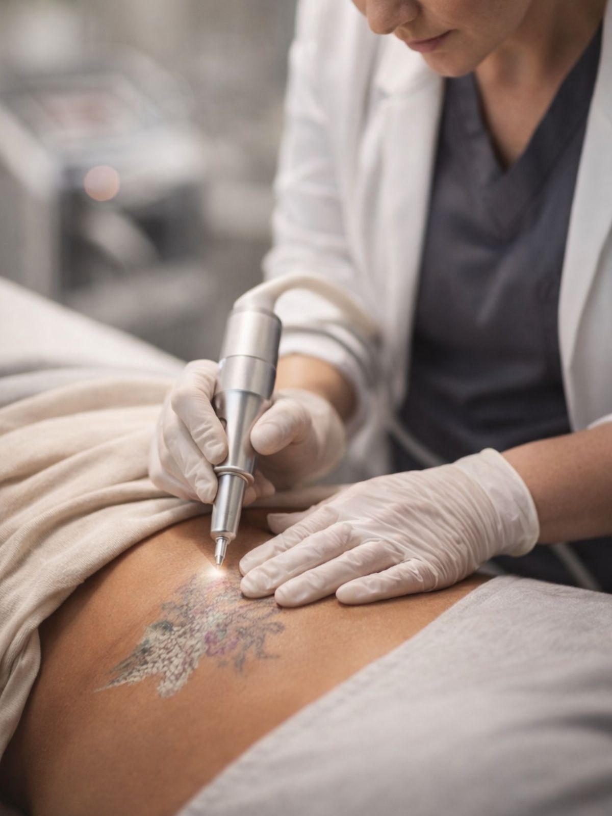 Professional Laser Tattoo Removal Treatment at Refined Aesthetics Springs Laser tattoo removal procedure being performed with advanced dermatology laser technology at Refined Aesthetics aesthetic clinic in Springs, Gauteng.