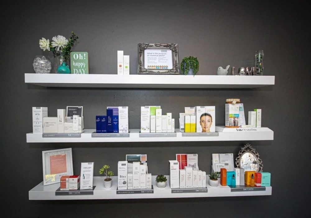 Professional Medical-Grade Skincare Products Refined Aesthetics Springs Display of professional medical-grade skincare products used in advanced aesthetic treatments at Refined Aesthetics skin clinic in Springs, Gauteng, including Lamelle skincare ranges for targeted skin concerns.