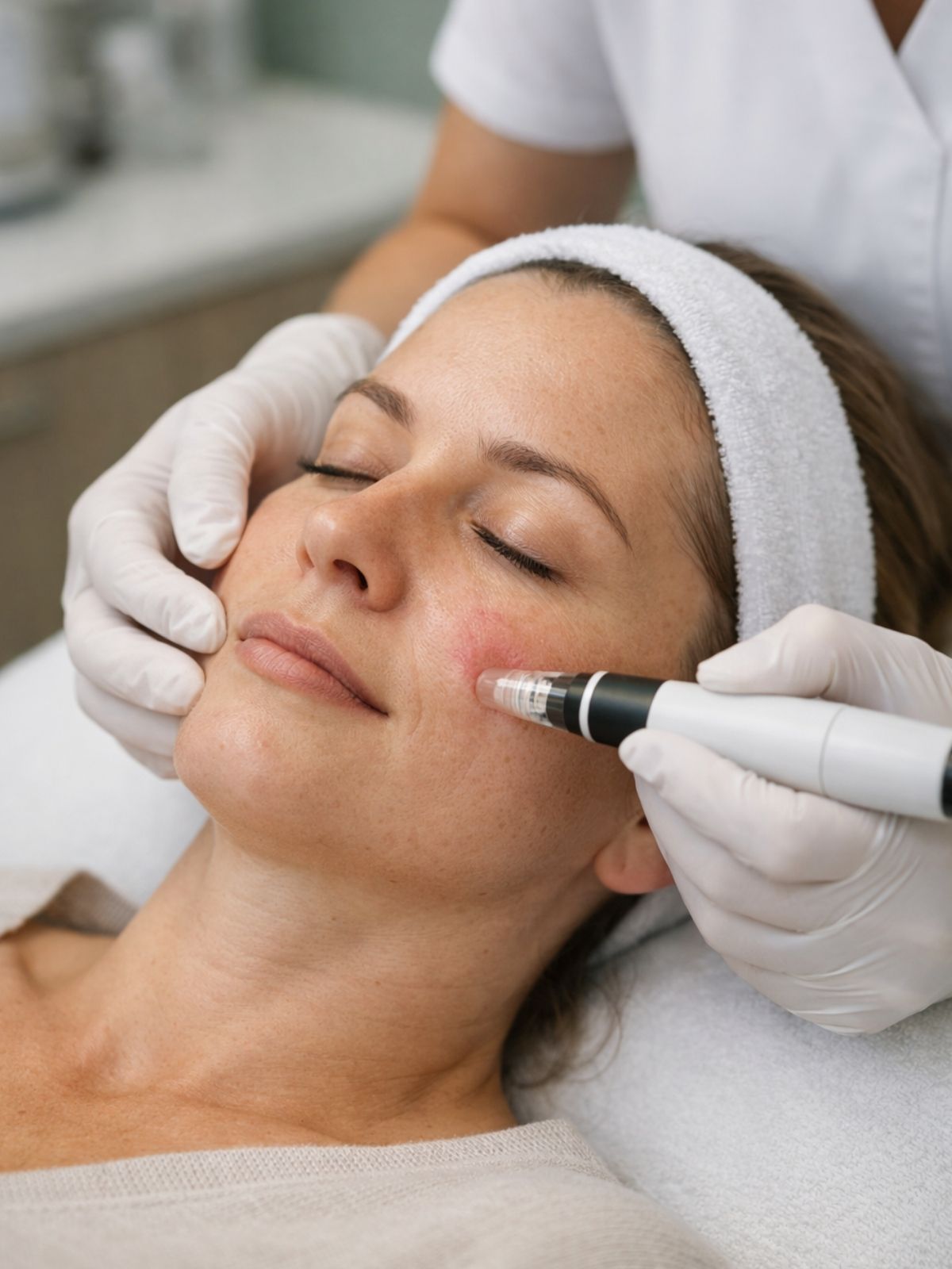 Professional Microneedling Treatment at Refined Aesthetics Skin Clinic Skin therapist performing professional microneedling treatment on a female client’s cheek at Refined Aesthetics aesthetic clinic in Springs, Gauteng