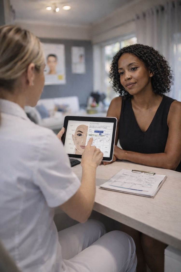 Skin therapist at Refined Aesthetics in Springs, Gauteng conducting a personalised skin consultation using a digital skin analysis tablet with an African client.