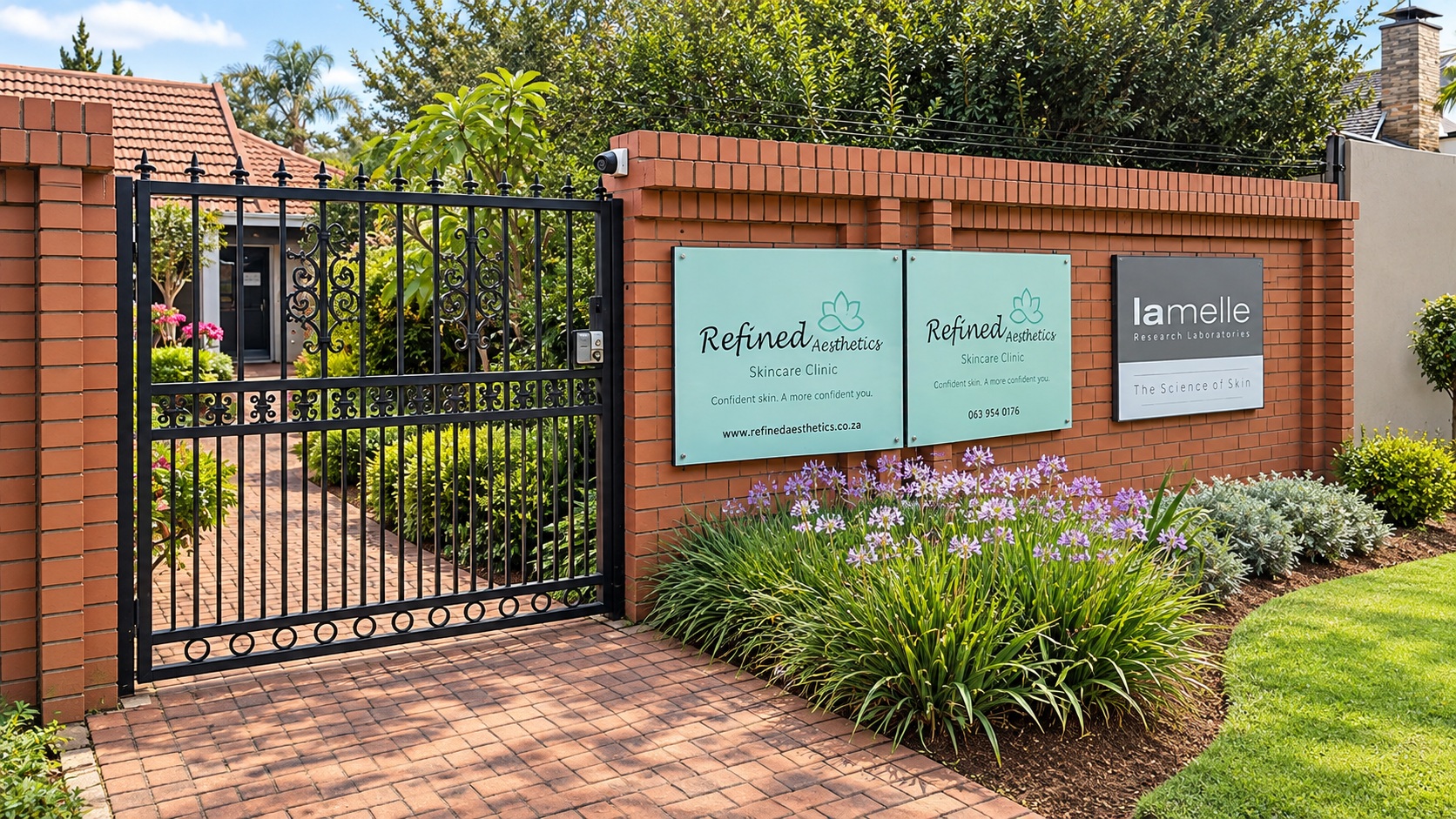 Entrance to Refined Aesthetics in Selcourt, Springs, showing the gated garden walkway and branded clinic signage.