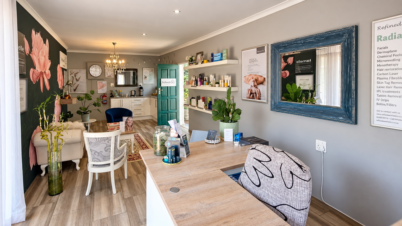 Interior of Refined Aesthetics aesthetic skin clinic in Selcourt, Springs, showing the reception area, treatment products and branded clinic décor.