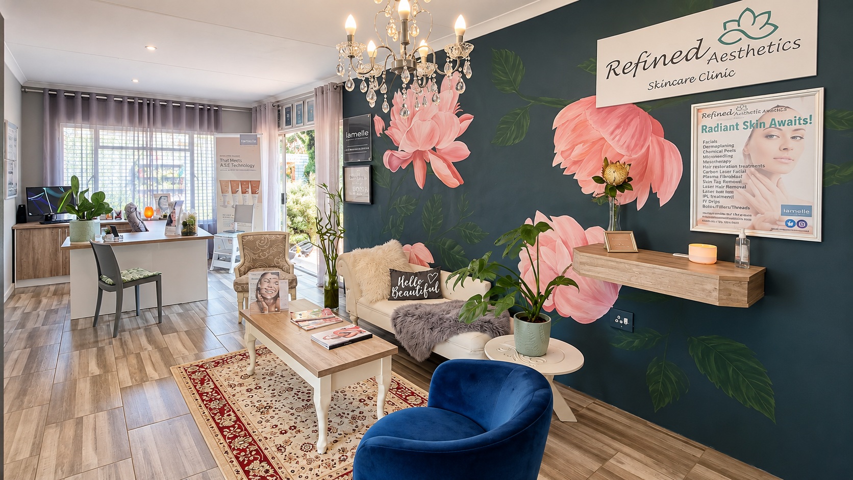 Reception and waiting area at Refined Aesthetics in Selcourt, Springs, featuring the branded floral wall, seating, reception desk and clinic décor.